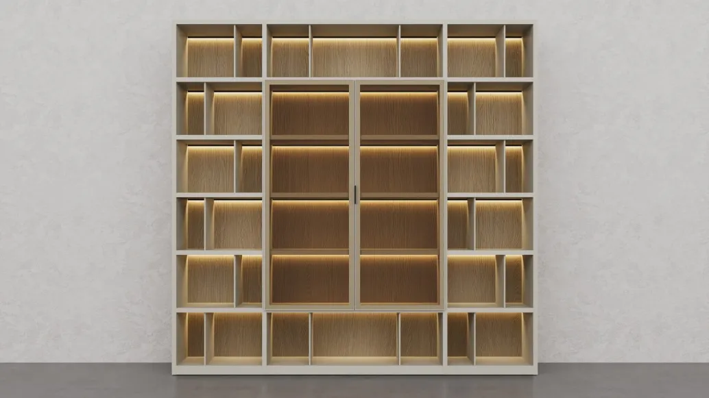 Libreria in laccato Creta e essenza legno Barrique di Fratelli Elli