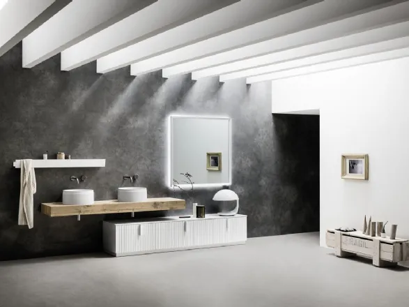 Arredo bagno con mensola per appoggio lavabi in legno e cassettone in laccato Code Wave 01di Arbi