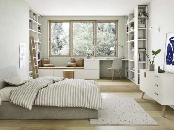 Cameretta in laccato opaco con 2 ampie librerie a muro Next 1 di Nidi
