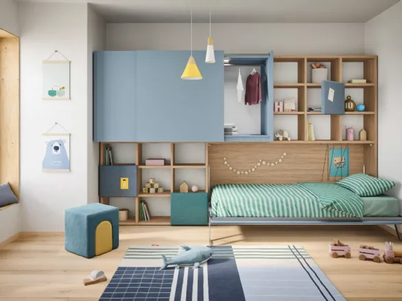 Cameretta in legno e laccato colo denim con letto a ribalta Space 29 di Nidi