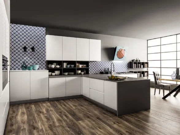 Cucina mdoerna con penisola e pensili in laccato opaco Atlanta Dakota di Arrex