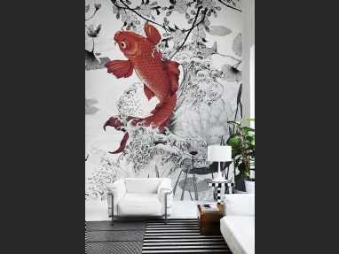 Carta da parati con carpa rossa e sfondo in bianco e nero Koi re-edition di London Art
