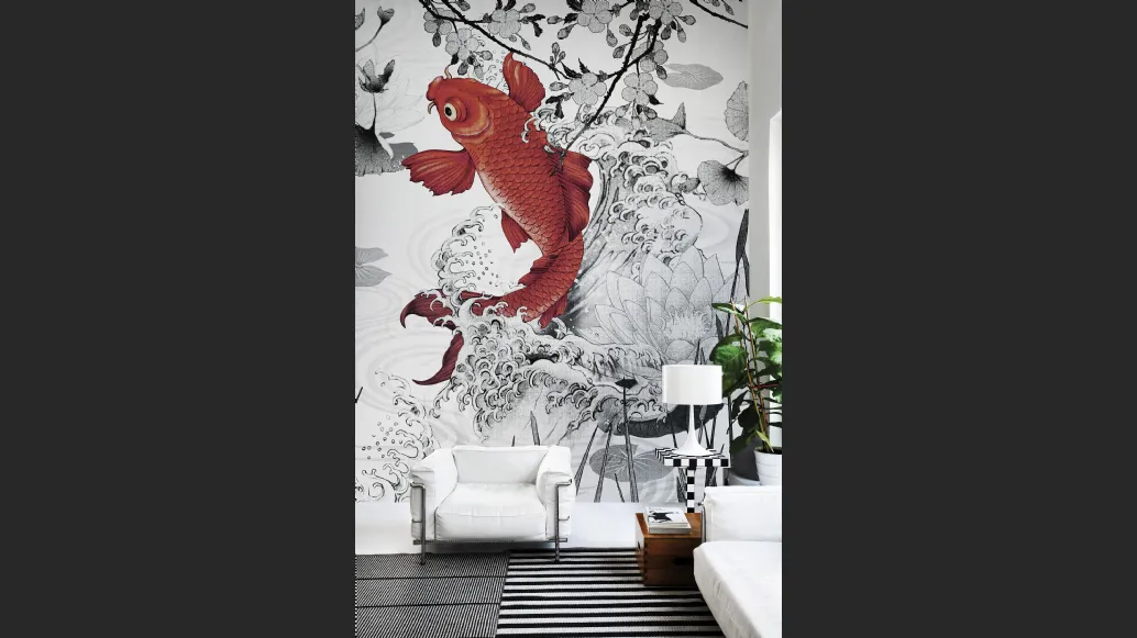 Carta da parati con carpa rossa e sfondo in bianco e nero Koi re-edition di London Art