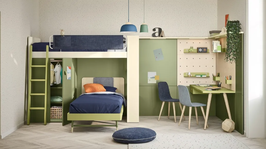 Cameretta con letti a castello armadi e scrivania a boiserie Kids space 11 di Nidi