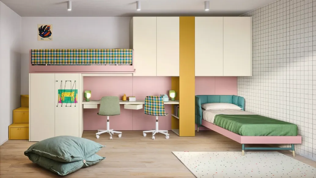 Cameretta a soppalco con scrivania Kids space 16 in melaminico di Nidi