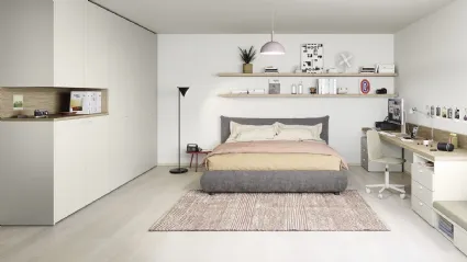 Cameretta componibile con letto matrimoniale in tessuto imbottito, scrivania e mensole Next space 08 di Nidi