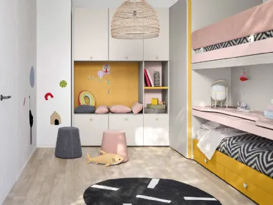 Cameretta con letti a castello, piano scrivania estraibile, armadio a muro Kids space 15 di Nidi