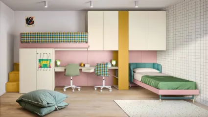 Cameretta in laccato opaco con letto ad angolo e a castello Kids space 16 di Nidi
