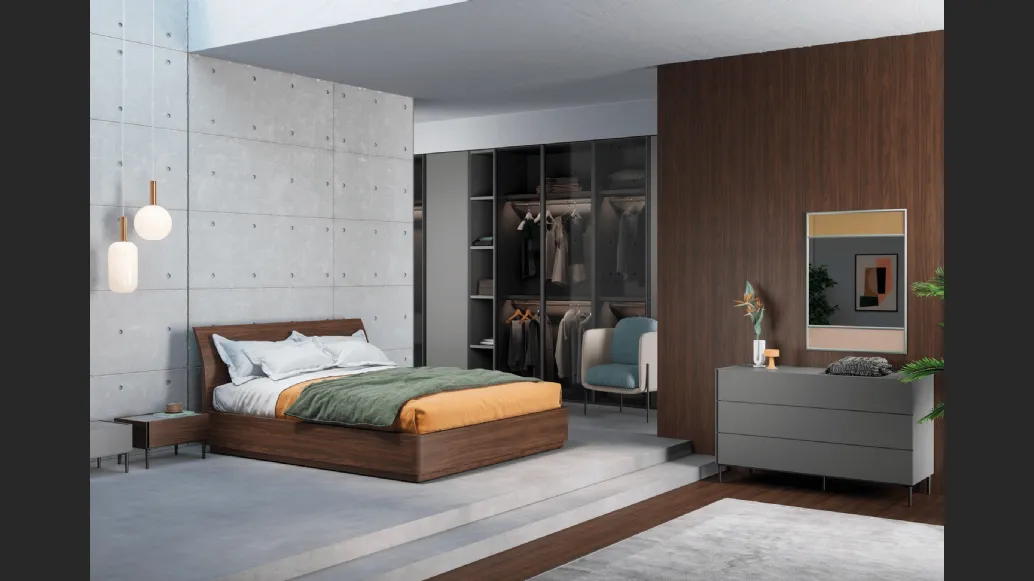 Letto in Ecolegno con testiera arcuata e box contenitore Bend di Novamobili