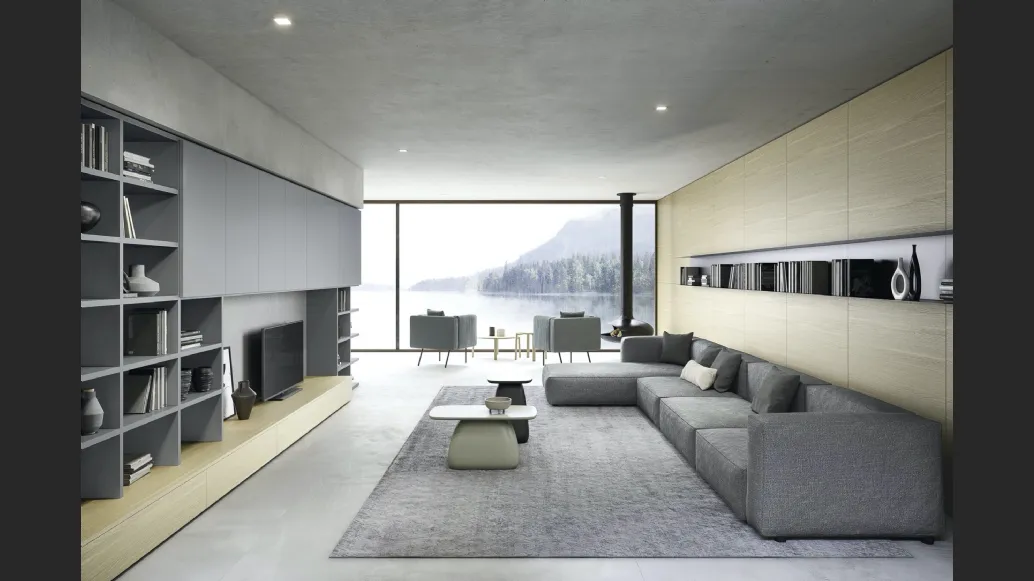 Parete Attrezzata Boiserie 05 in laccato opaco e legno impiallacciato Rovere Chiaro di Novamobili