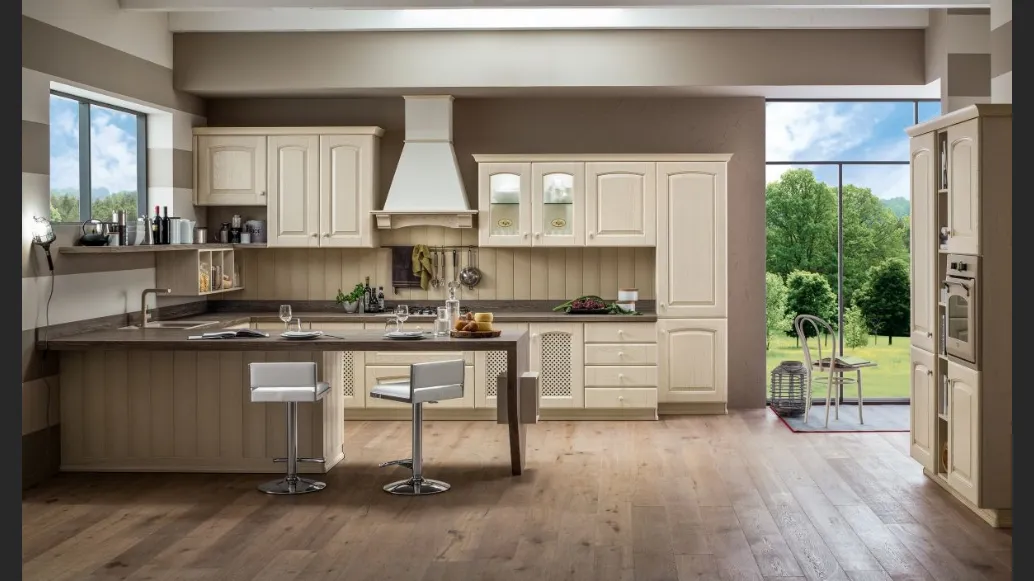 Cucina Classica angolare Magda in legno di Rovere Decapè Bianco di Arrex