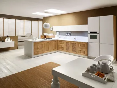 Cucina angolare in Muratura Carola in legno di Rovere naturale e Laccato Bianco lucido di Arrex