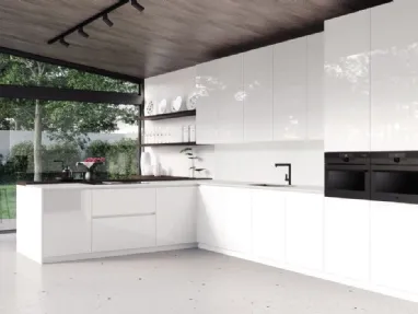 Cucina Moderna angolare con penisola AL 32 Bianca in Vetro di Arrex