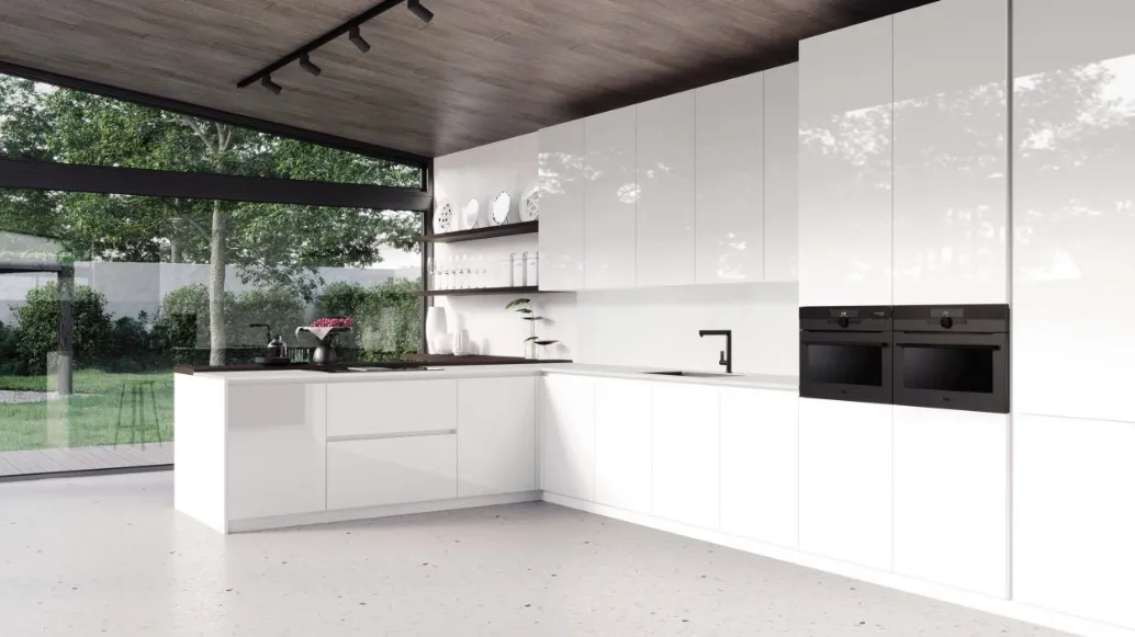 Cucina Moderna angolare con penisola AL 32 Bianca in Vetro di Arrex
