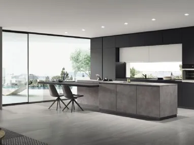 Cucina Moderna con isola e penisola AL 32 Hpl Cemento e Vetro opaco Nero di Arrex