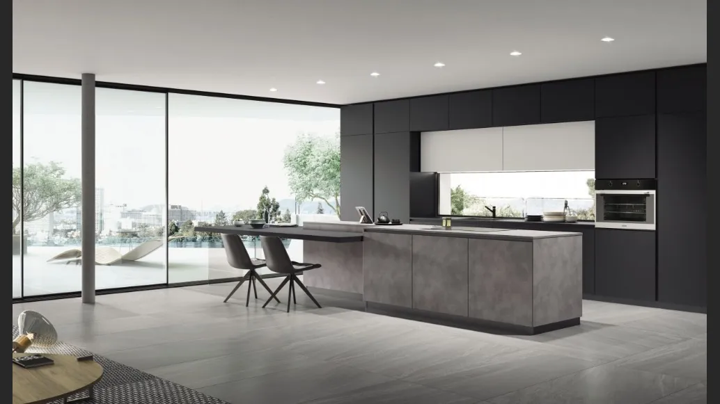 Cucina Moderna con isola e penisola AL 32 Hpl Cemento e Vetro opaco Nero di Arrex