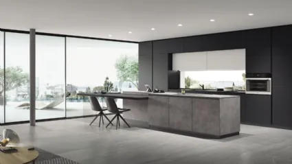 Cucina Moderna con isola e penisola AL 32 Hpl Cemento e Vetro opaco Nero di Arrex