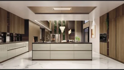 Cucina Moderna lineare AL 32 in Vetro lucido Juta e Noce Canaletto di Arrex