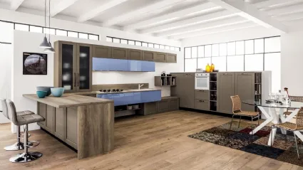 Cucina Moderna angolare con penisola Curry mod Timo in Rovere laccato e laccato lucido colore Nuvola di Arrex