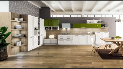 Cucina Moderna angolare Curry mod Timo in Rovere laccato Bianco e laccato lucido colore Oliva di Arrex