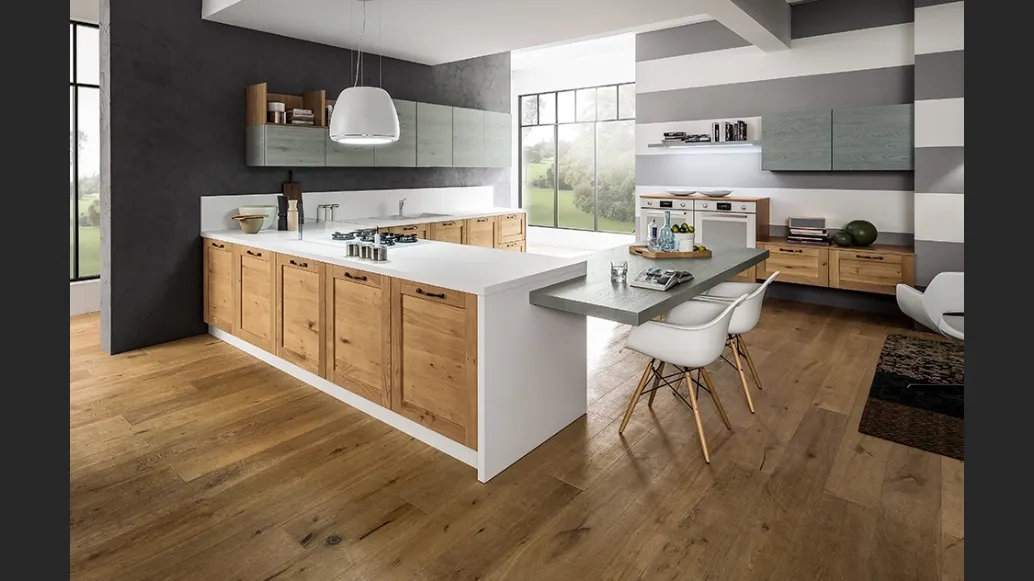 Cucina Moderna angolare con penisola Curry in Rovere Naturale e laccato Bianco di Arrex
