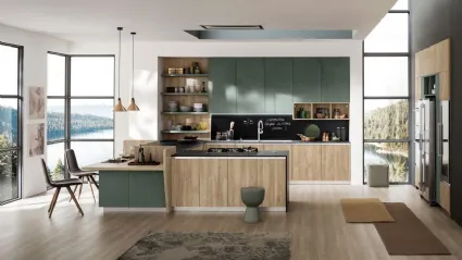 Cucina Moderna angolare con penisola Lab Old Oak Natura e Oxide Muschio di Arrex