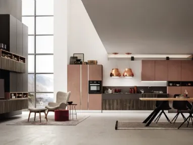 Cucina Moderna lineare Lab in finitura legno Old Oak Petrolio e Oxide Mattone di Arrex