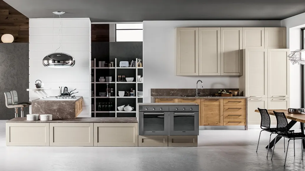 Cucina Moderna con penisola Curry in laccato opaco e legno di Rovere di Arrex