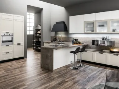 Cucina Moderna con penisola Dallas in PET Cappuccino e Bianco di Arrex