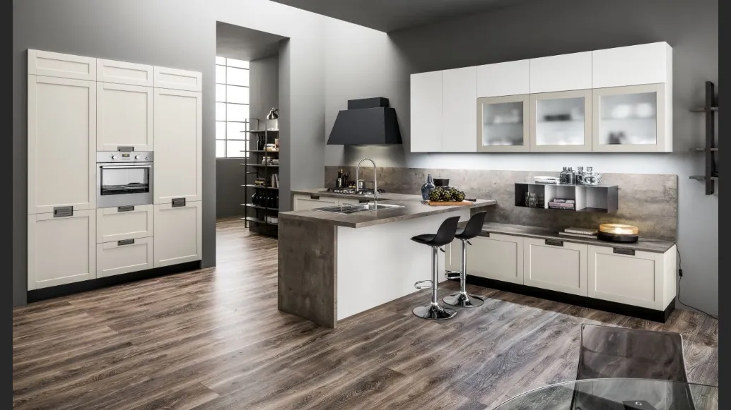 Cucina Moderna con penisola Dallas in PET Cappuccino e Bianco di Arrex