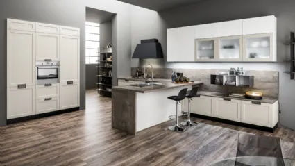 Cucina Moderna con penisola Dallas in PET Cappuccino e Bianco di Arrex