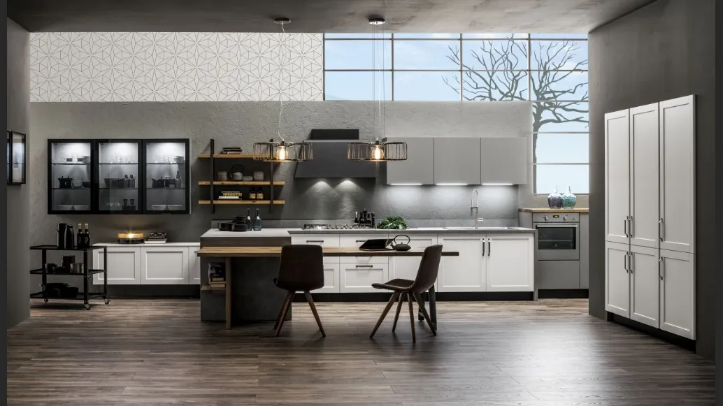 Cucina Moderna con penisola Dallas in PET Zucchero di Arrex