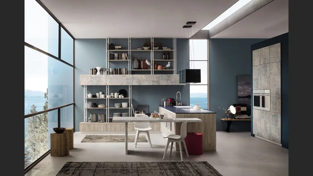 Cucina Moderna lineare Lab in legno Old Oak Mandorla e finitura Damasco Arrex