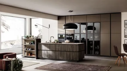 Cucina Moderna lineare Lab con finitura legno Old Oak Petrolio e Metal Bronzo di Arrex
