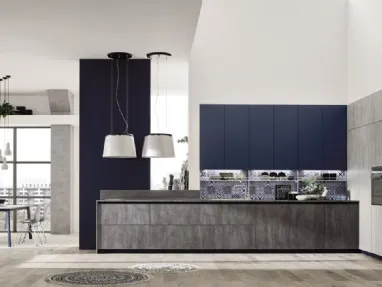 Cucina Moderna lineare Loft Soft Blu e Cemento di Arrex