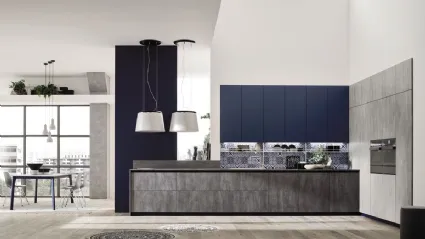 Cucina Moderna lineare Loft Soft Blu e Cemento di Arrex
