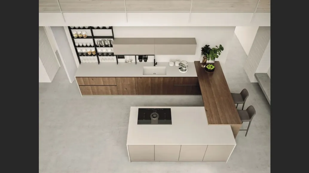 Cucina Moderna con isola e penisola Loft Wood finitura Pepe e laccato Beige di Arrex