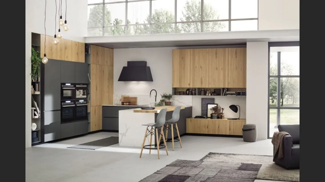 Cucina Moderna angolare con penisola Loft Wood Naturale di Arrex