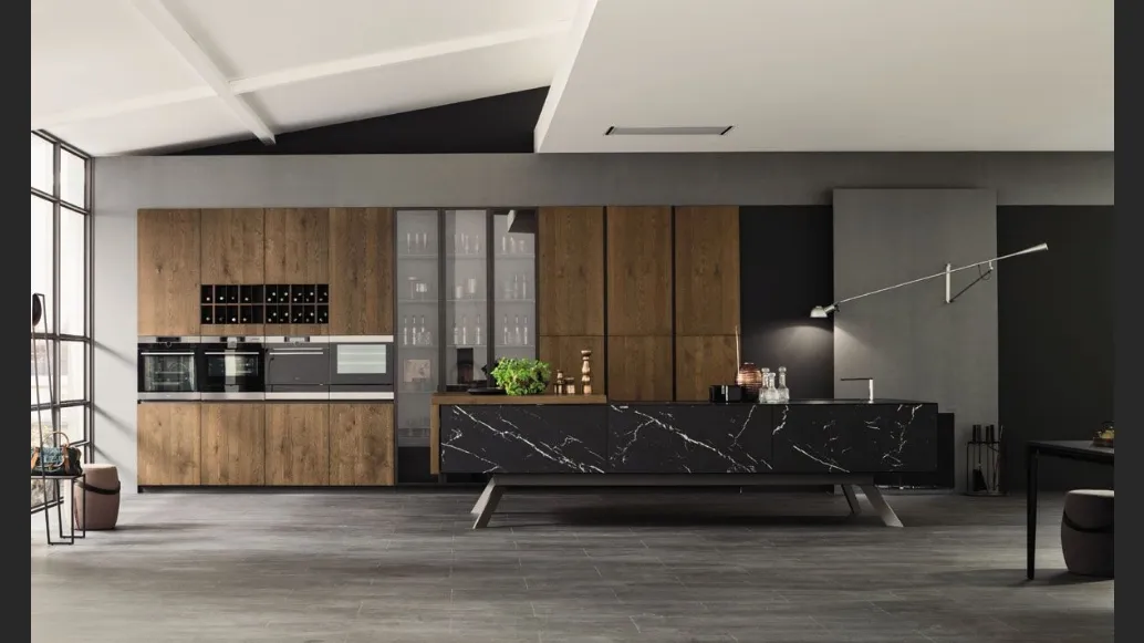Cucina Moderna lineare Loft Wood Pepe e laminato effetto Marmo di Arrex