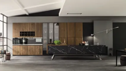 Cucina Moderna lineare Loft Wood Pepe e laminato effetto Marmo di Arrex