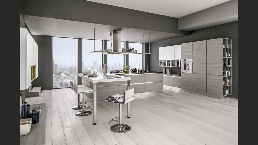 Cucina Moderna con penisola Mango in Frassinato Grigio di Arrex