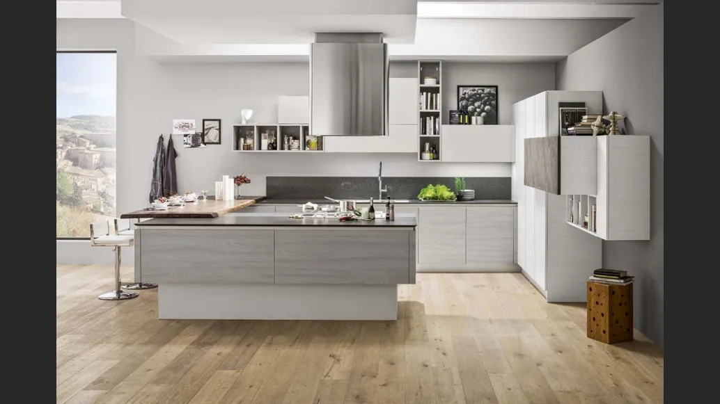 Cucina Moderna con penisola Mango in Frassinato Grigio ed Artico di Arrex