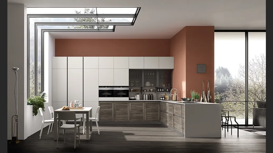 Cucina Moderna angolare Twin Okobo Dark e laccato Grigio chiaro di Arrex