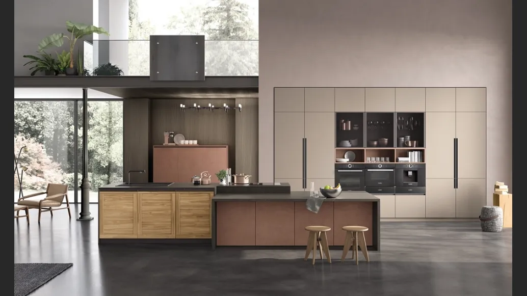 Cucina Moderna lineare Twin Okobo Natural e Lab Oxide Marrone di Arrex