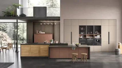 Cucina con isola Twin 06 Okobo Natural e Lab Oxide Marrone di Arrex