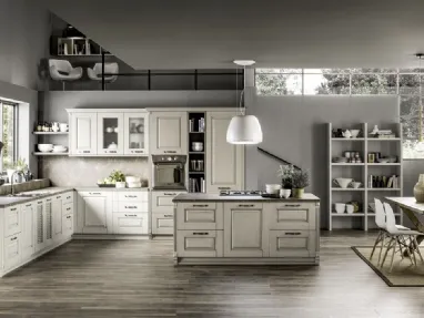 Cucina Shabby Chic angolare con isola centrale Nora in legno Decapé Gesso ed Ecru di Arrex