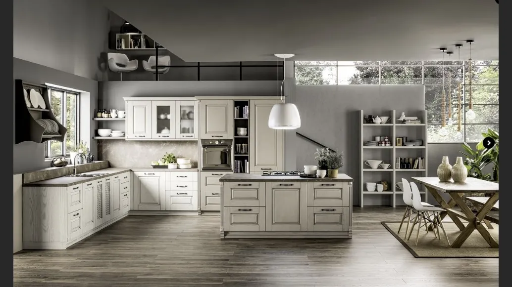 Cucina Shabby Chic angolare con isola centrale Nora in legno Decapé Gesso ed Ecru di Arrex