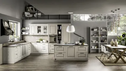 Cucina Shabby Chic angolare con isola centrale Nora in legno Decapé Gesso ed Ecru di Arrex