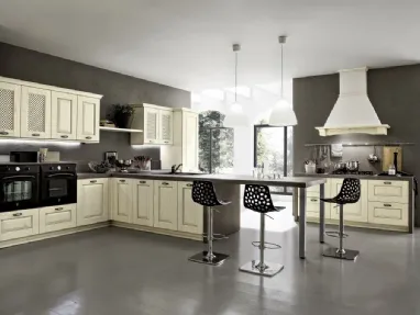 Cucina Shabby Chic angolare con penisola Nora in legno laccato Decapé Bianco Antico di Arrex