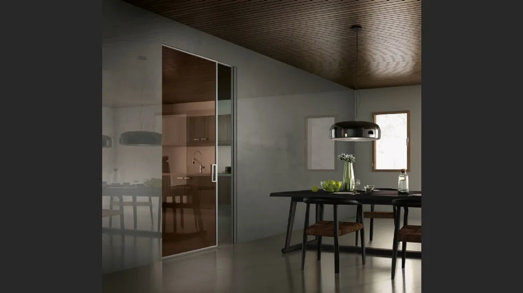 Porta per interni Manhattan Scorrevole in vetro Bronzo con profili in alluminio finitura Bianco di Henry Glass